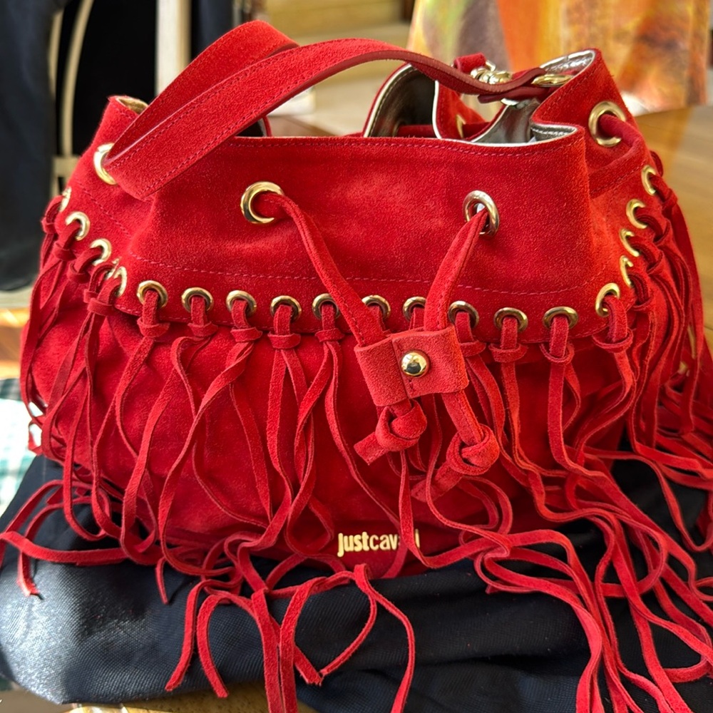 Just Cavalli Red Suede Fringe Boho Bucket Bag